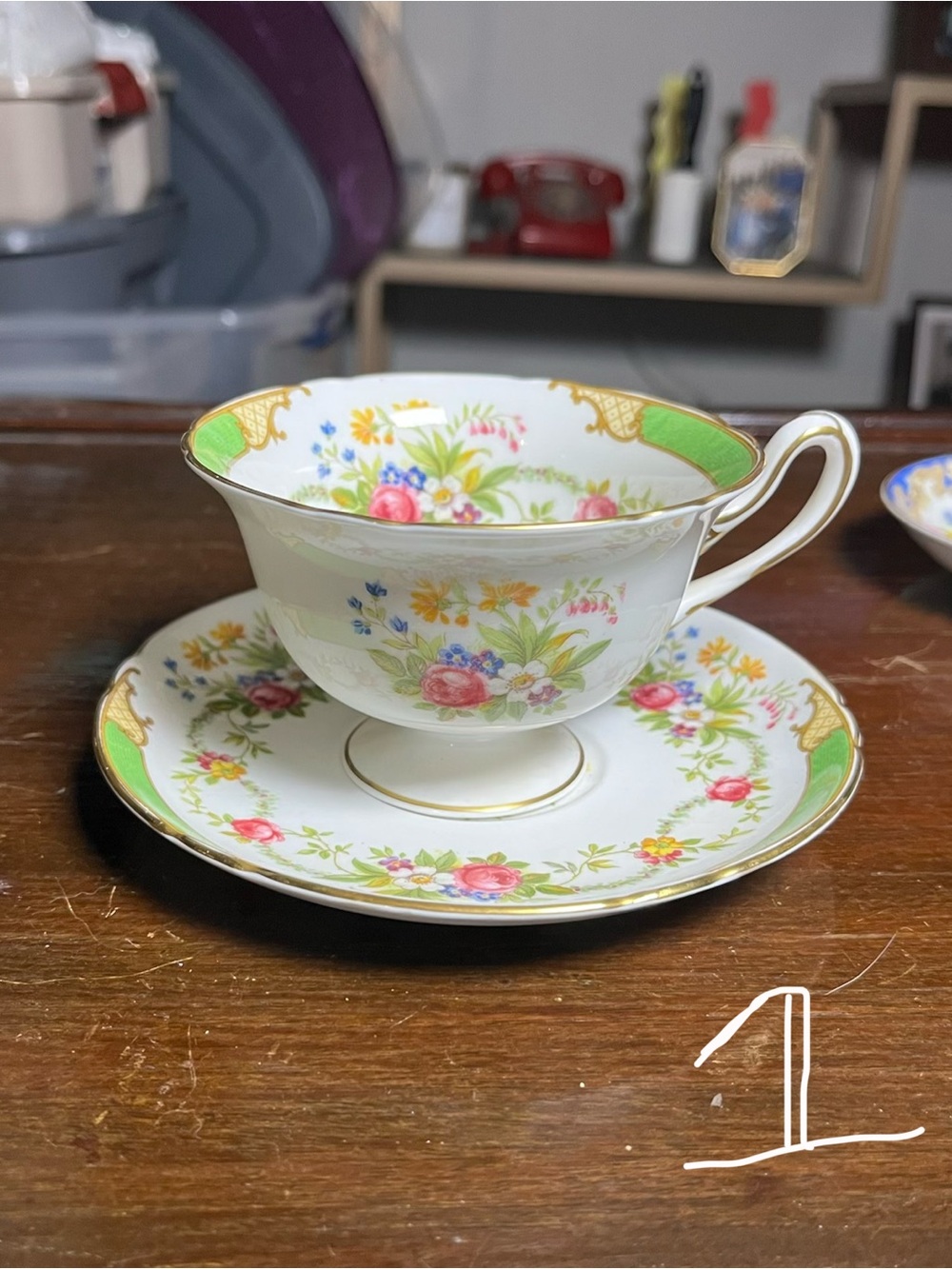 Floral Bone China Teacup and Saucer Set in White with Green Accents